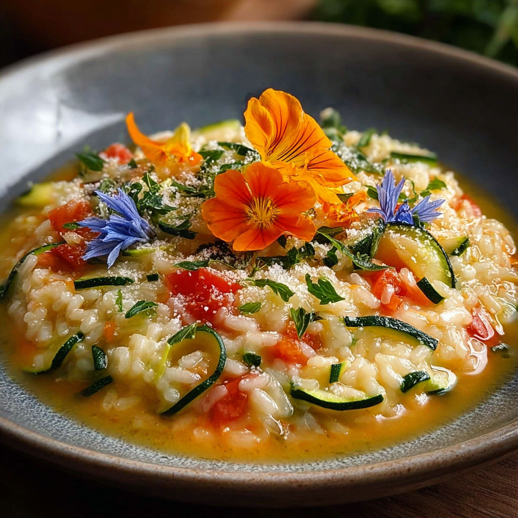 Risotto aux zucchini, pomodoro et fiori, servie dans un bol.