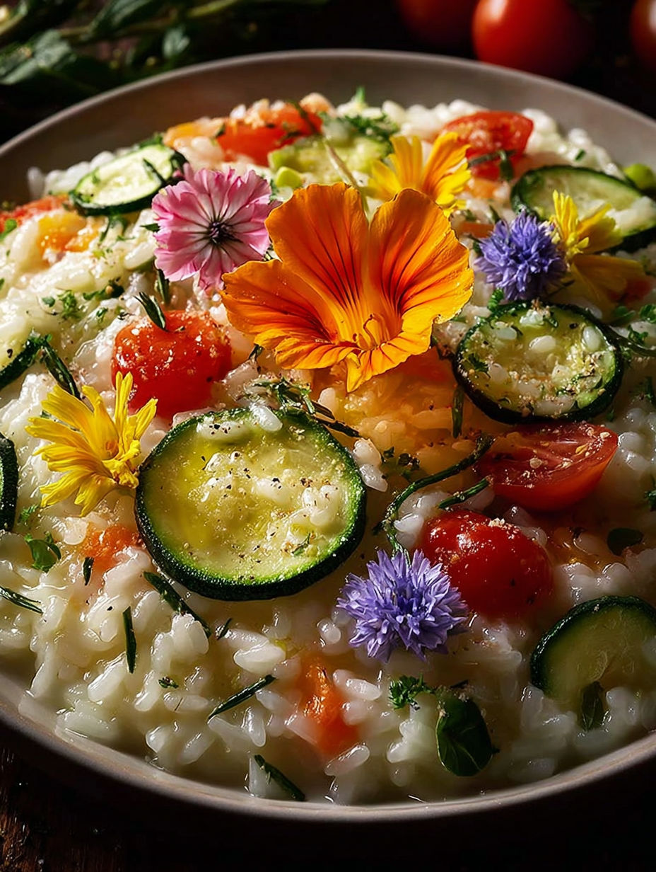 Risotto aux zucchini, tomates et fiori.