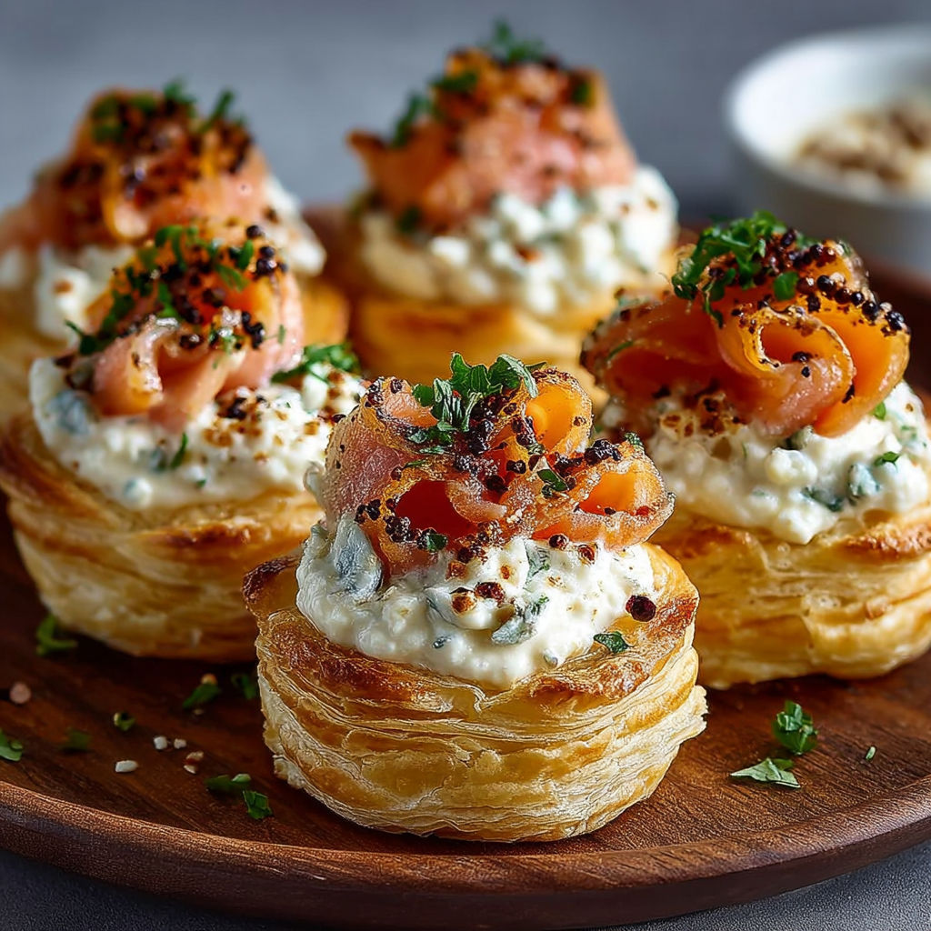 Quatre mini-tartes de saumon et fromage blanc, avec des herbes et des graines de cumin, sur un plateau de bois.