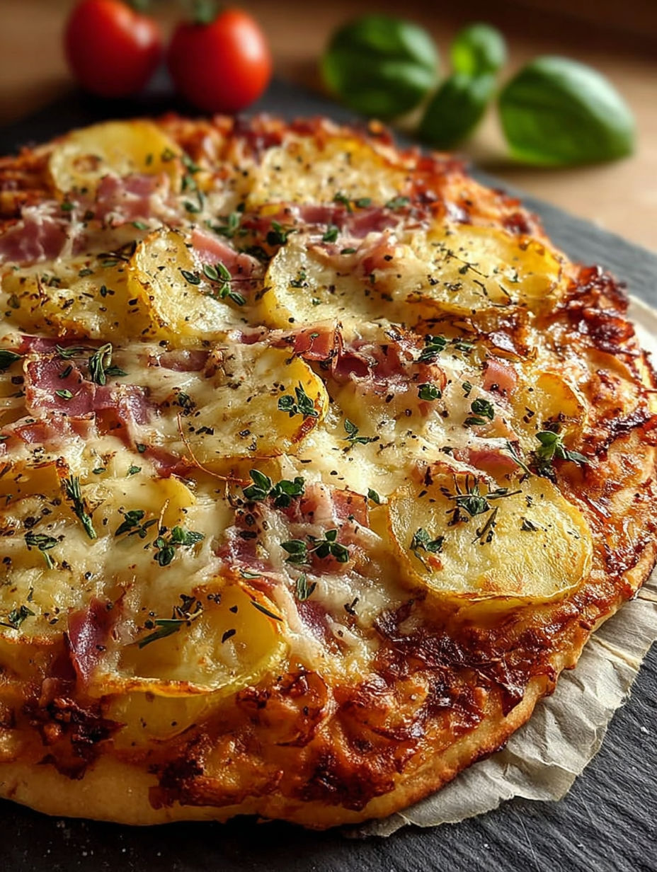 Une pizza maison faite avec des pommes de terre, des oignons et des lardons.