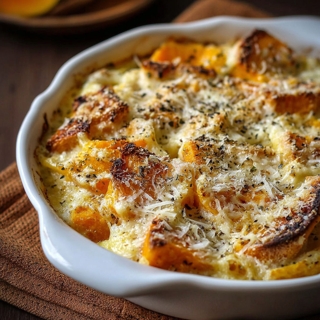 Un plat de gratin cremoso pane zucca, avec des tranches de pâte et des morceaux de pommes de terre.