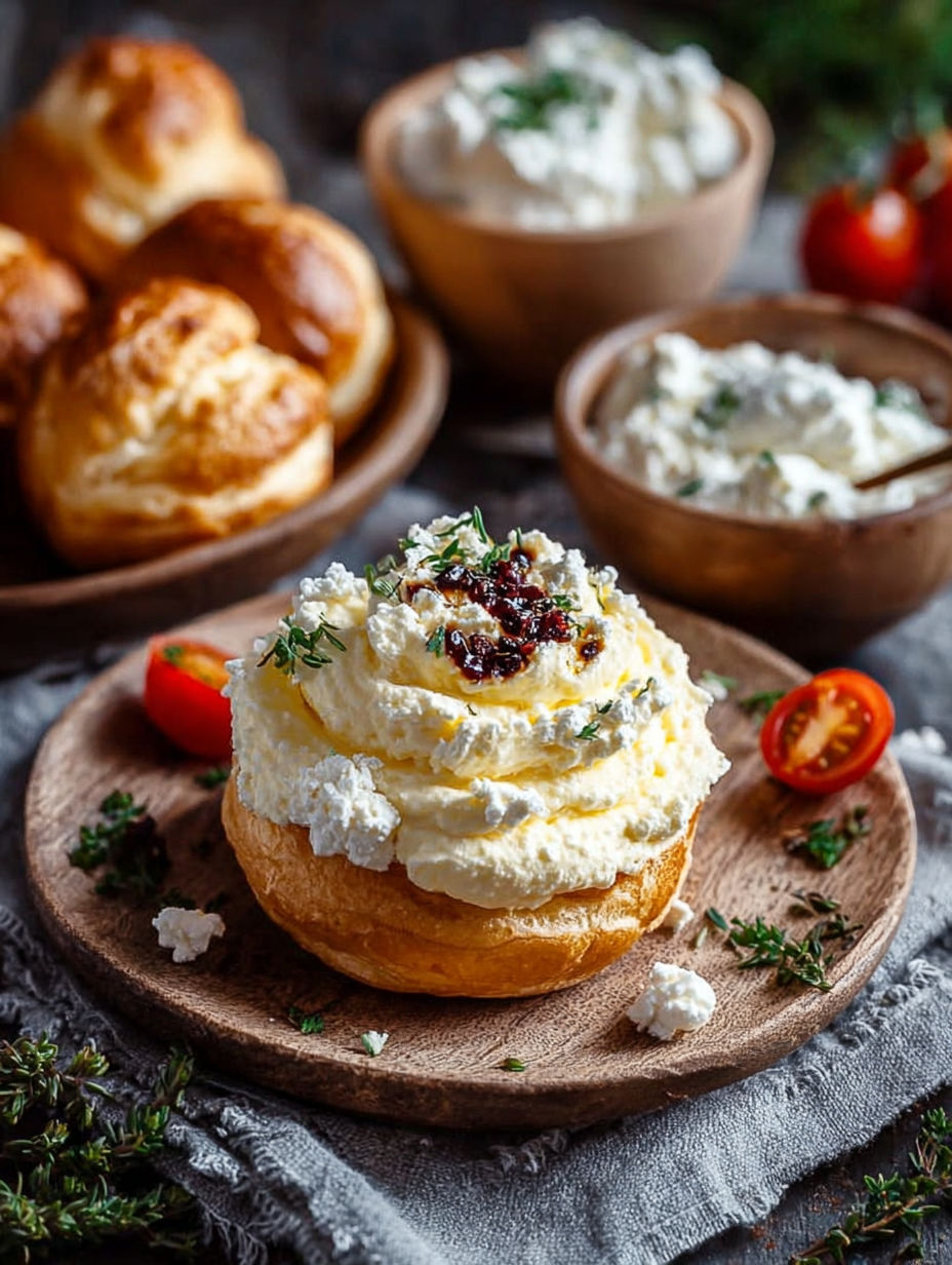 Une tarte aux tomates et fromage blanc, accompagnée de croutons de pain et de sauce.