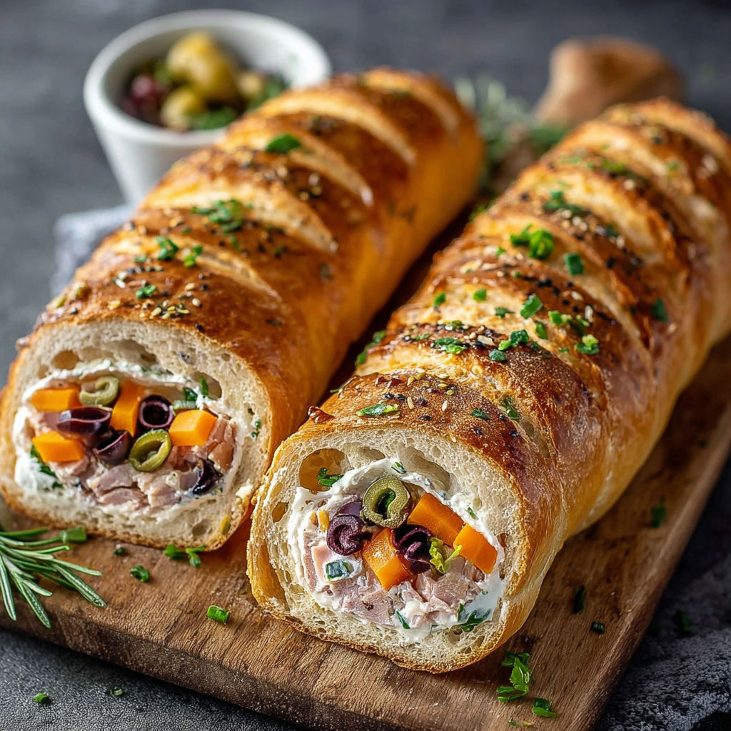 Une pâte de pizza enroulée avec des légumes et des olives.