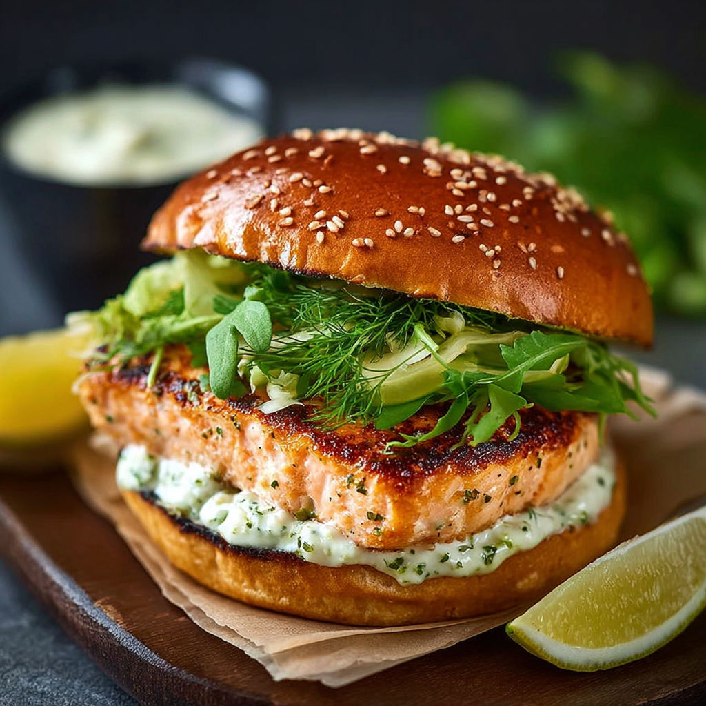Un burger salmone avec une sauce lime et des herbes, accompagné d'une salade verte.