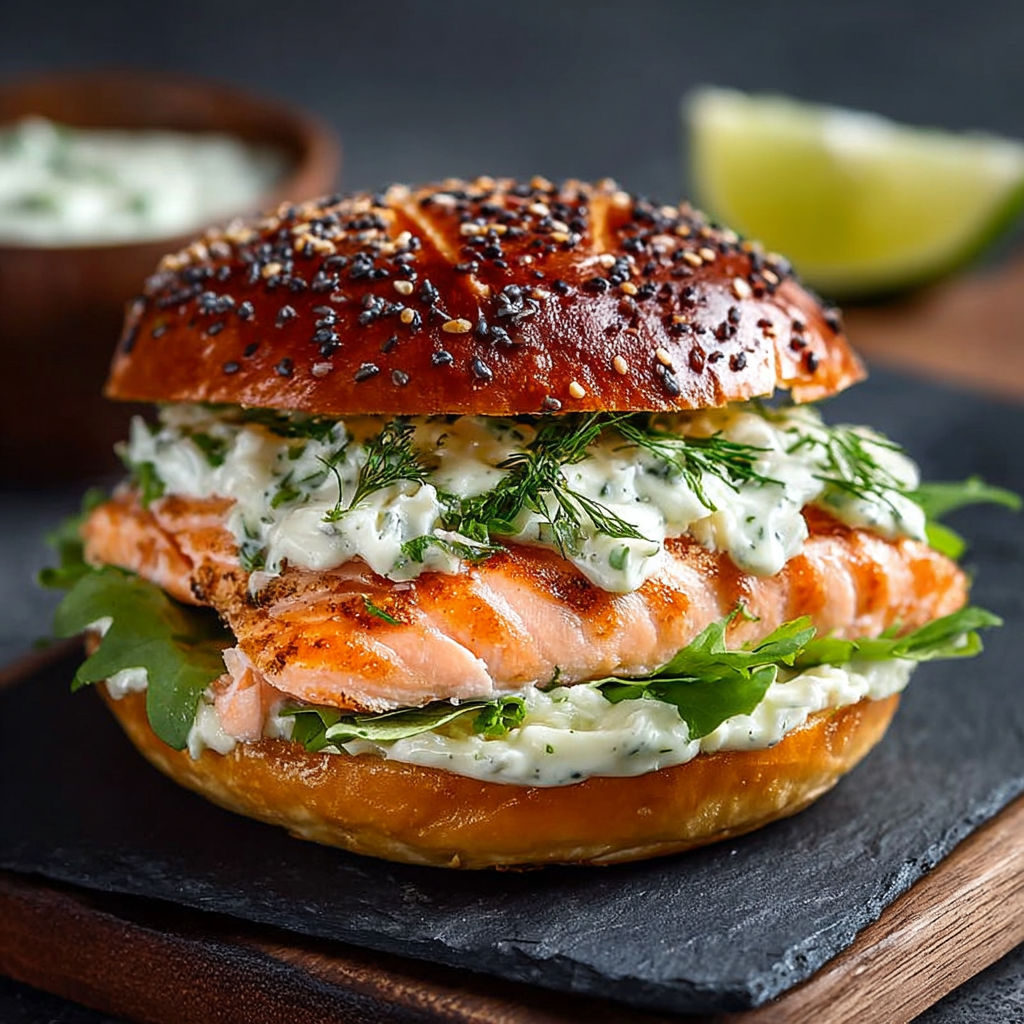 Un burger salmone avec des légumes et une sauce lime.