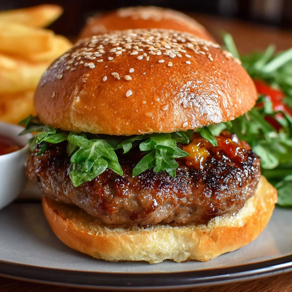 Un hamburger maison avec des légumes et des tomates, accompagné de frites.