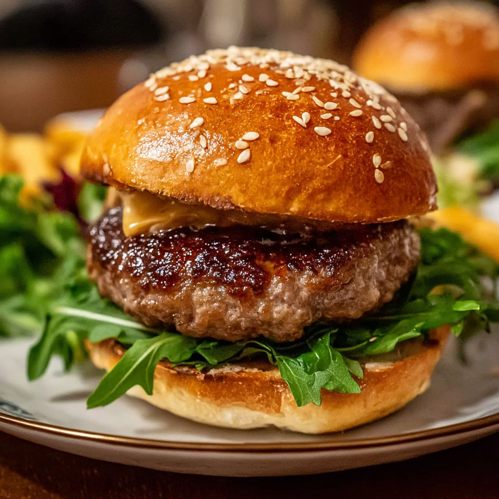 Une sandwich de steak avec des légumes verts sur un plateau.