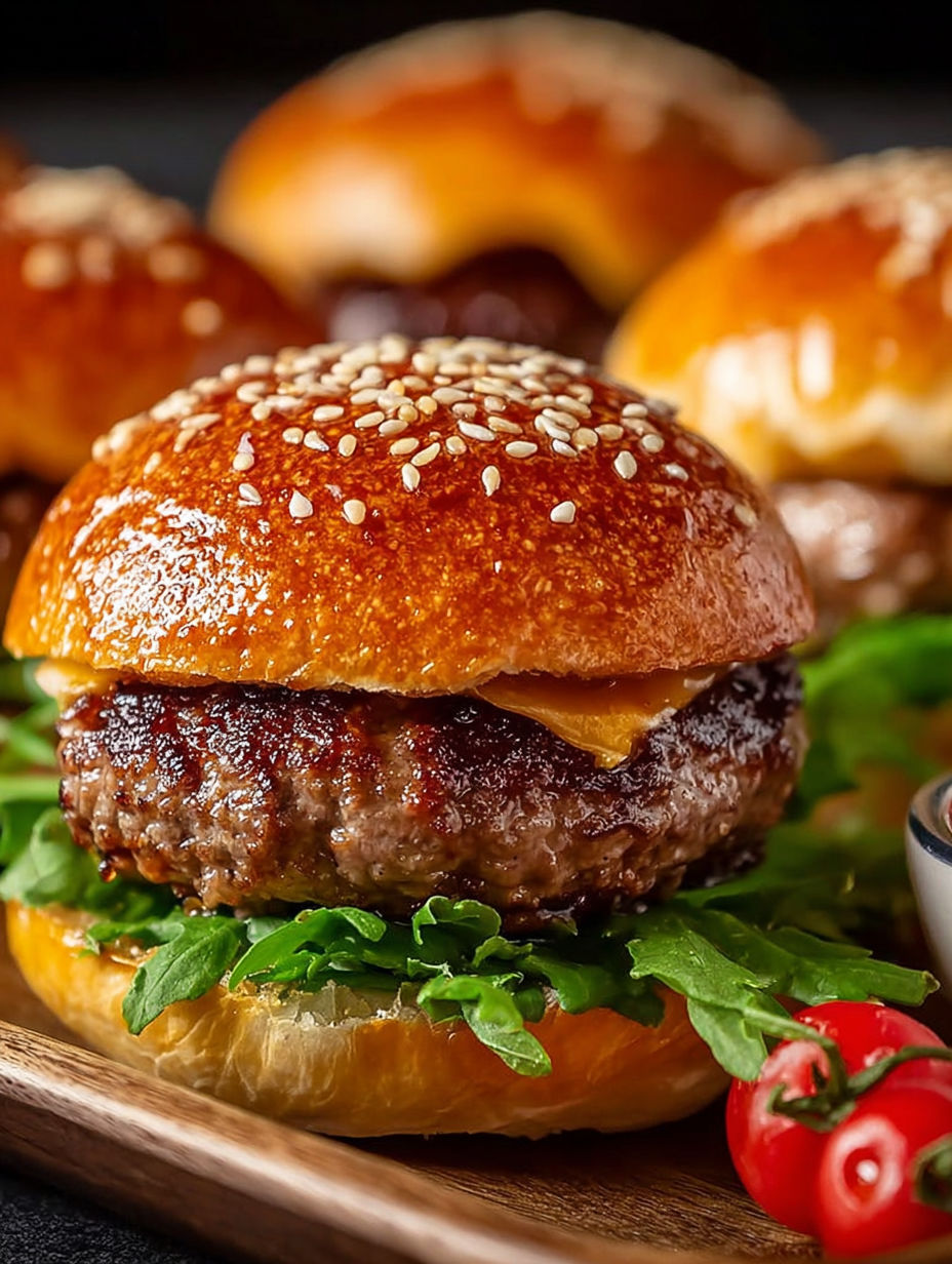 Une burger avec du fromage et des herbes sur une table.