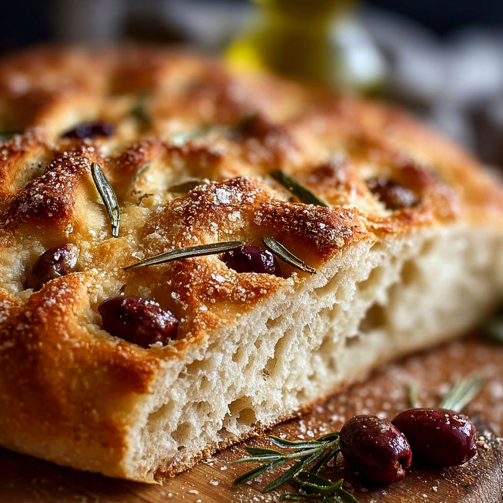 Une pâte de pizza fraîche, avec des olives et des herbes, est servie sur une table.