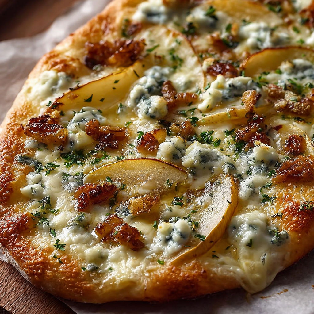 Une pizza gorgonzola pere rucola est servie sur une table.