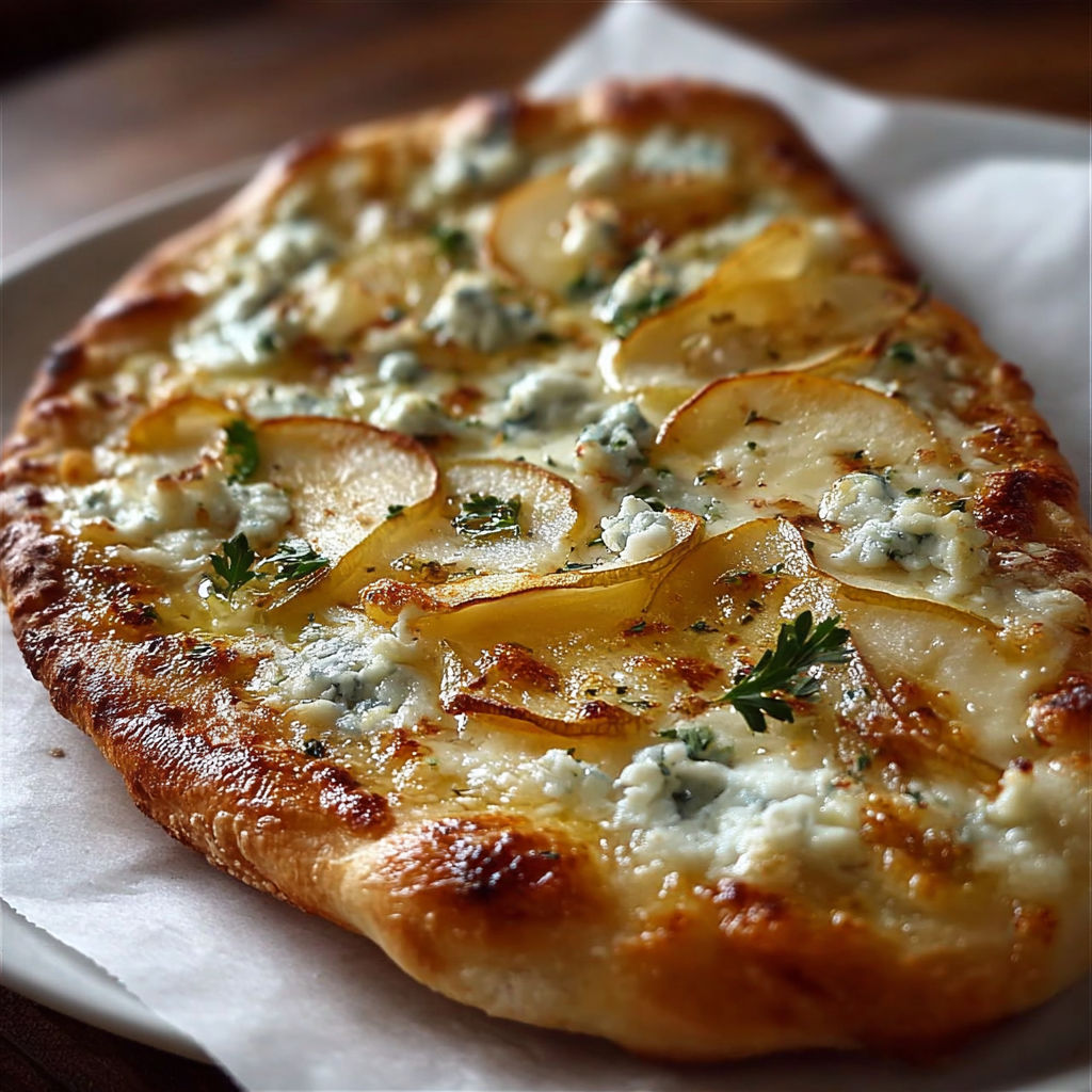 Une pizza maison avec des pommes et du fromage.