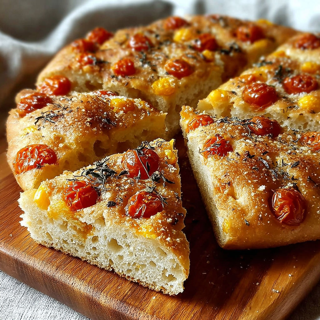 Une focaccia maison avec des tomates séchées et des herbes.
