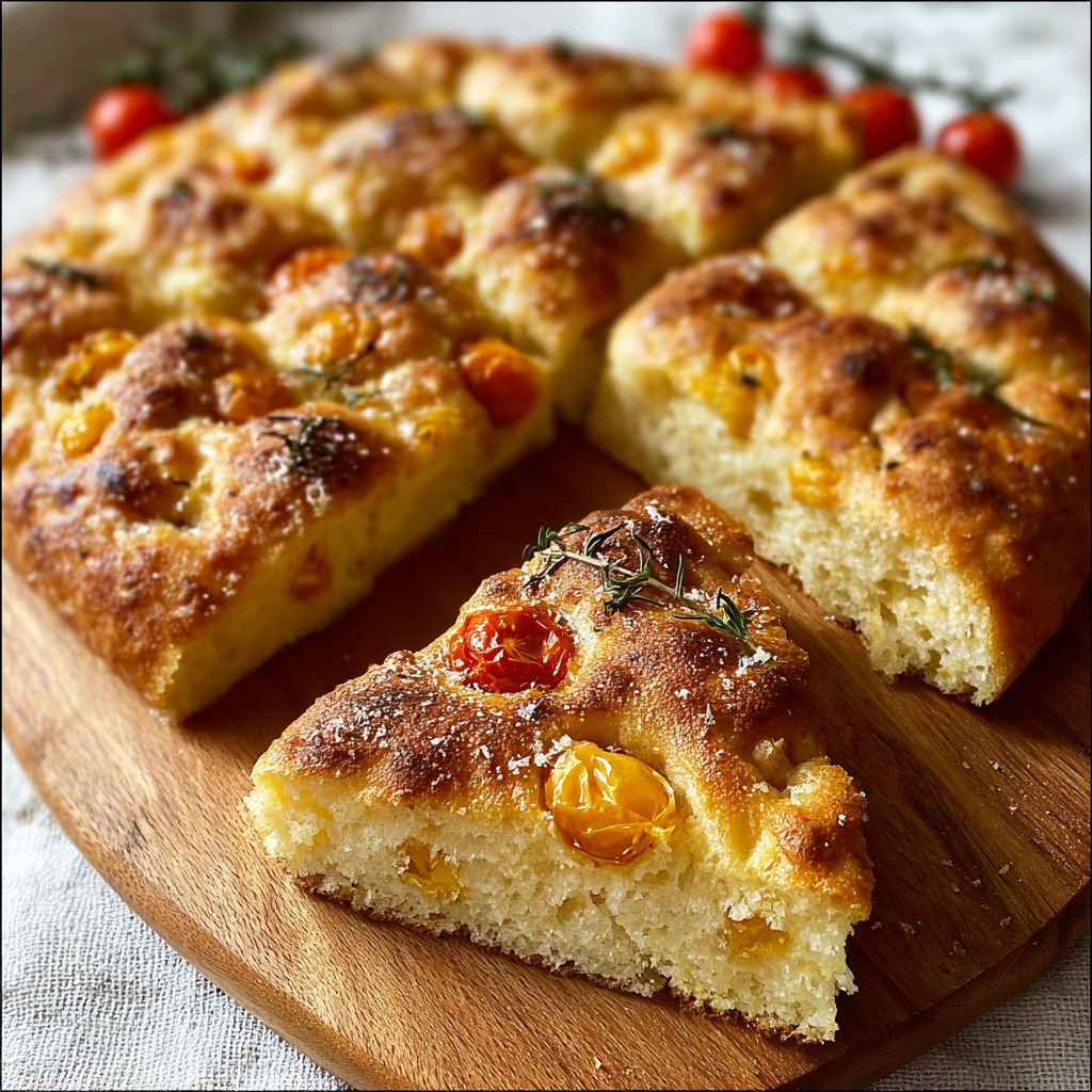 Une pizza maison avec des tomates et des herbes, servie sur un plateau de bois.