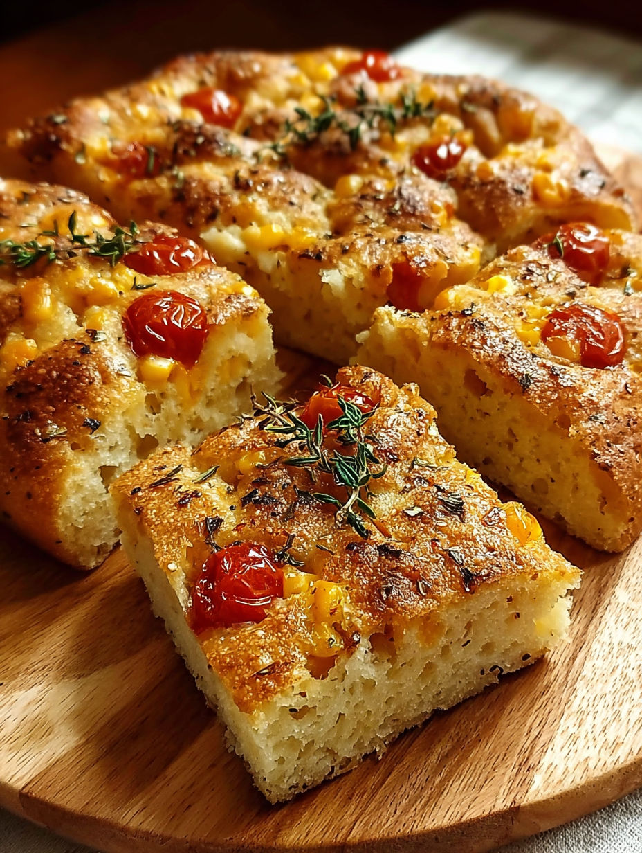 Une tarte aux fruits et herbes, avec des tomates cerises et des herbes fraîches, est servie sur un plateau en bois.