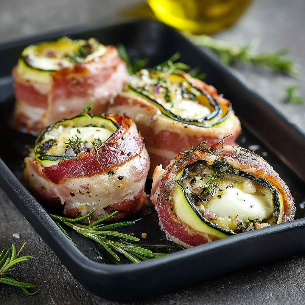 Une recette de "Zucchini Bacon Rolls" est servie dans un plat noir.