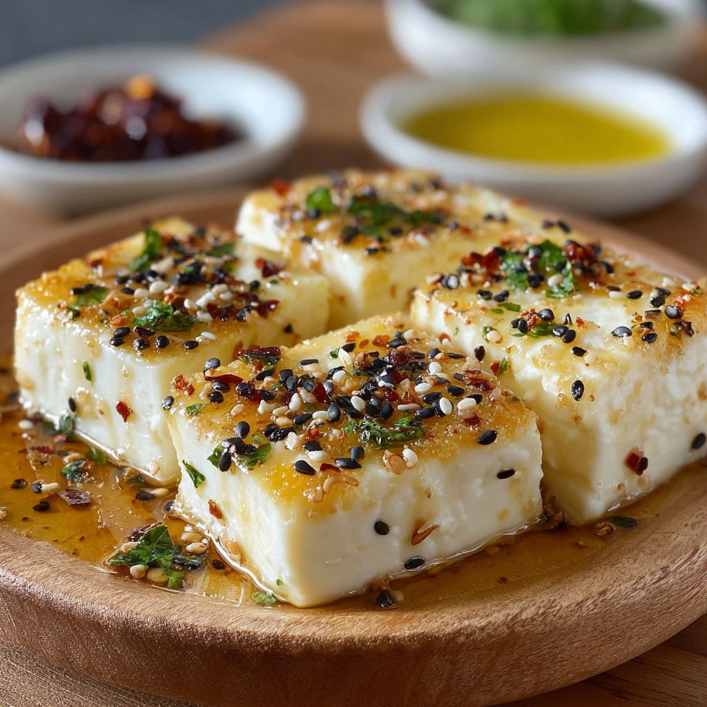 Une recette de desserts en forme de cubes de fromage, garnis de graines de sésame et de sauce.