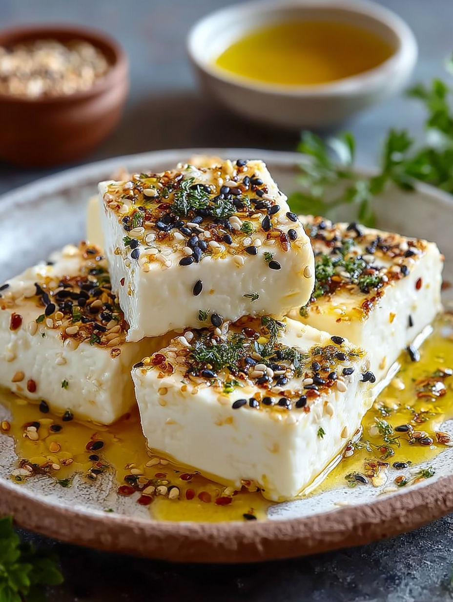Un desserts de fromage grillé avec des graines de cumin et des herbes.