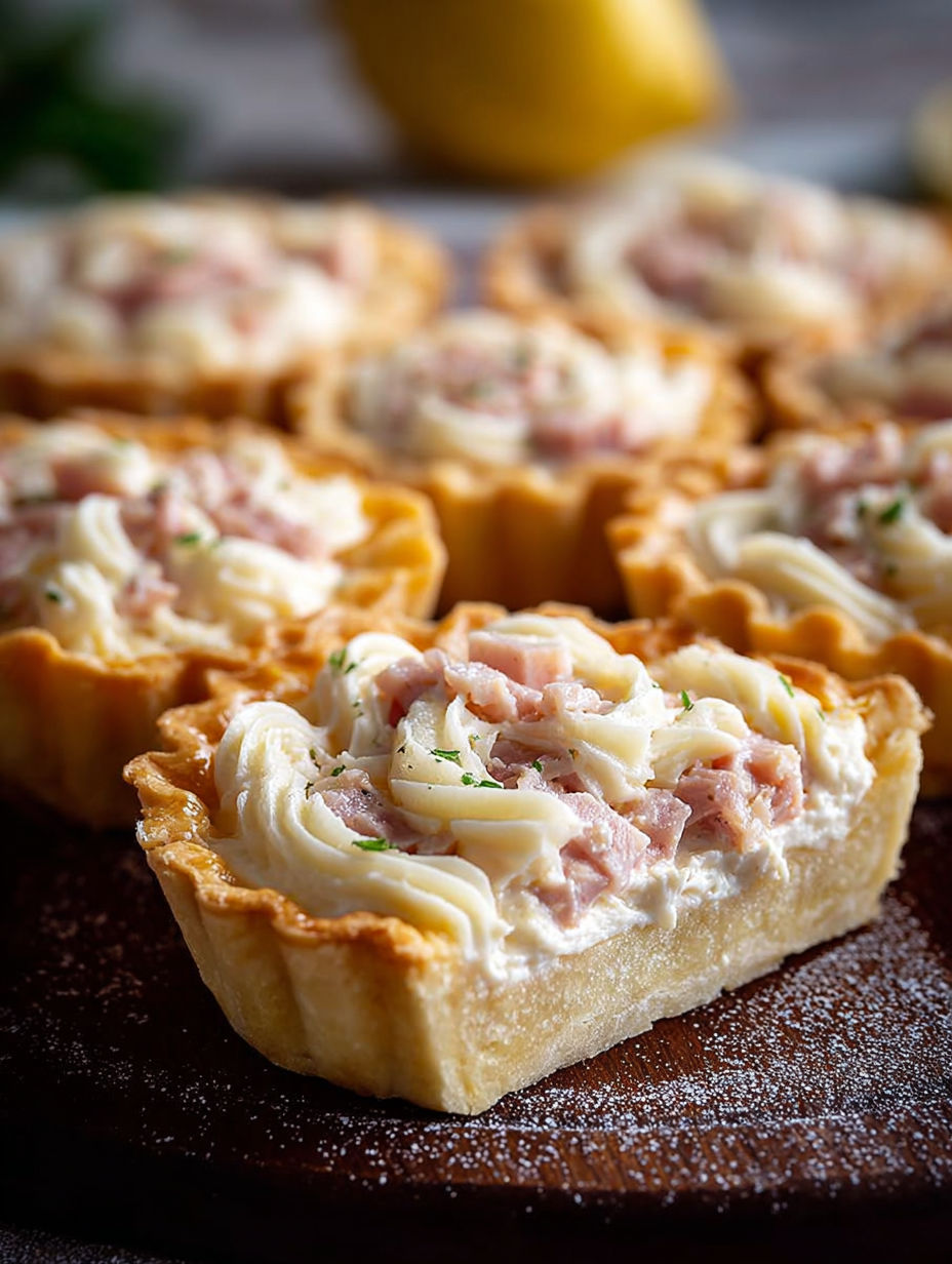 Une mini quiche au fromage et au jambon, prête à être servie.
