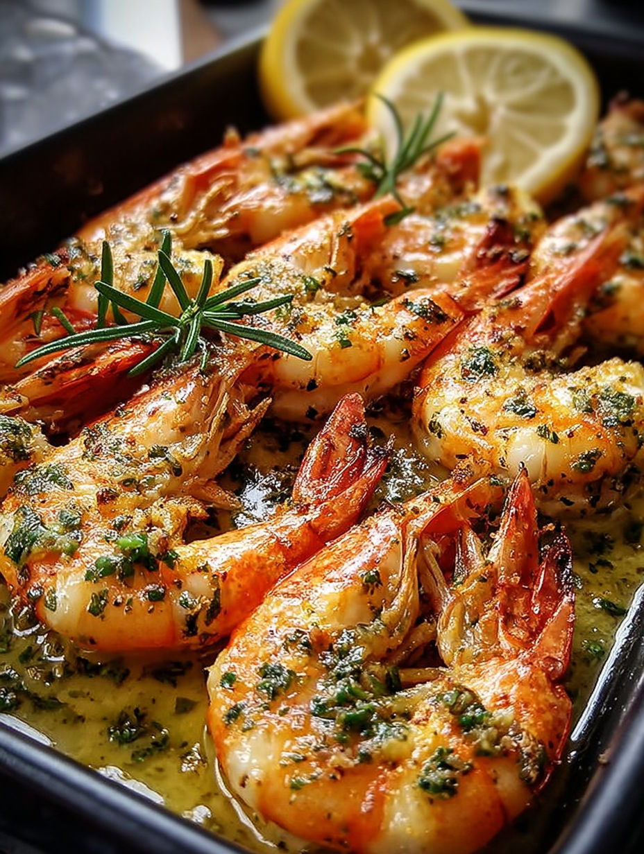 Shrimp with herbs and lemon in a pan.