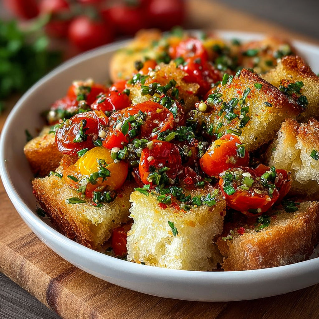 Une salade de pommes de terre et de tranches de pain grillé, avec des herbes et des tomates, est servie dans un bol sur une table.