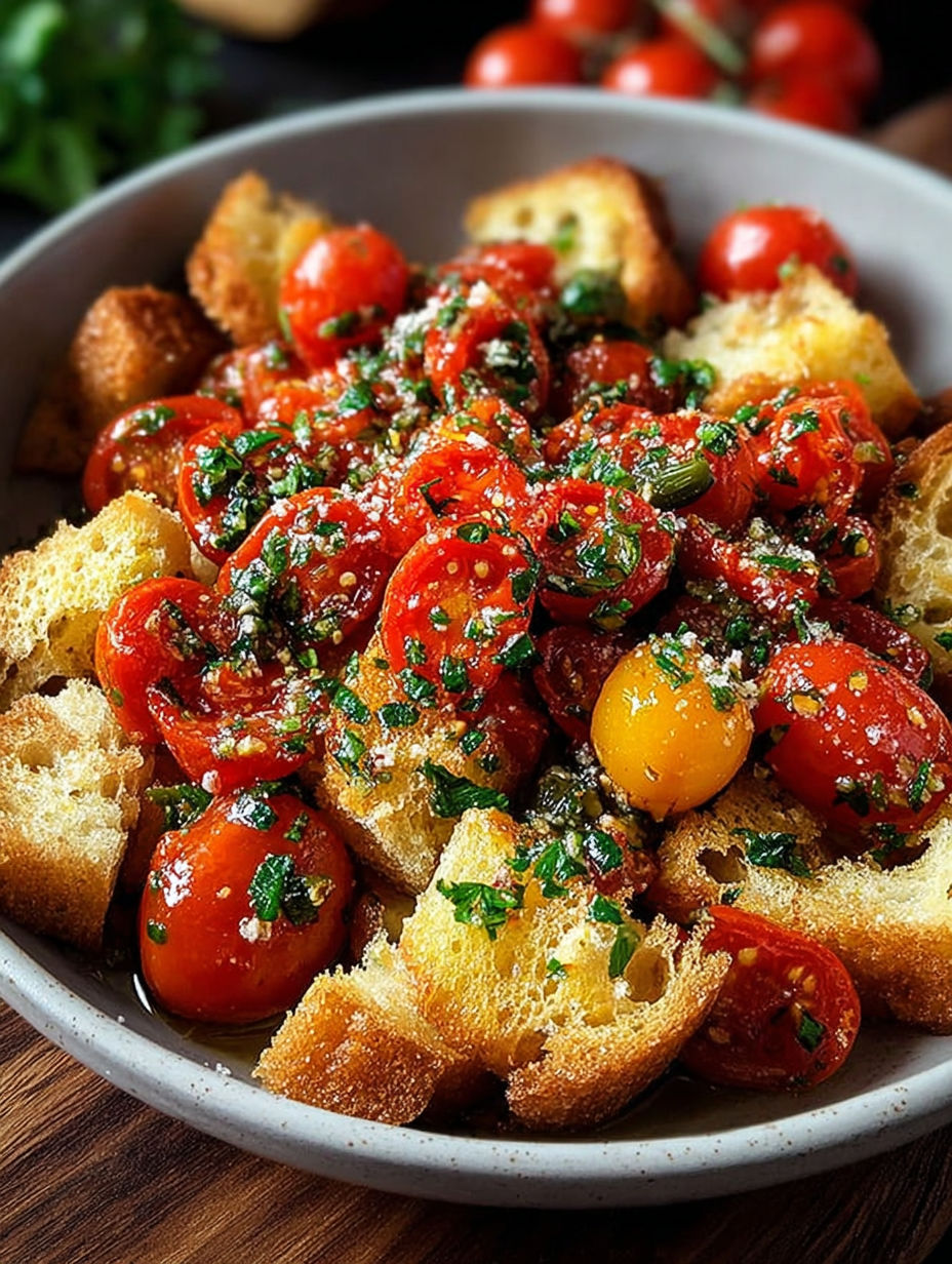 Une salade de tomates et de pain grillé avec des herbes fraîches.