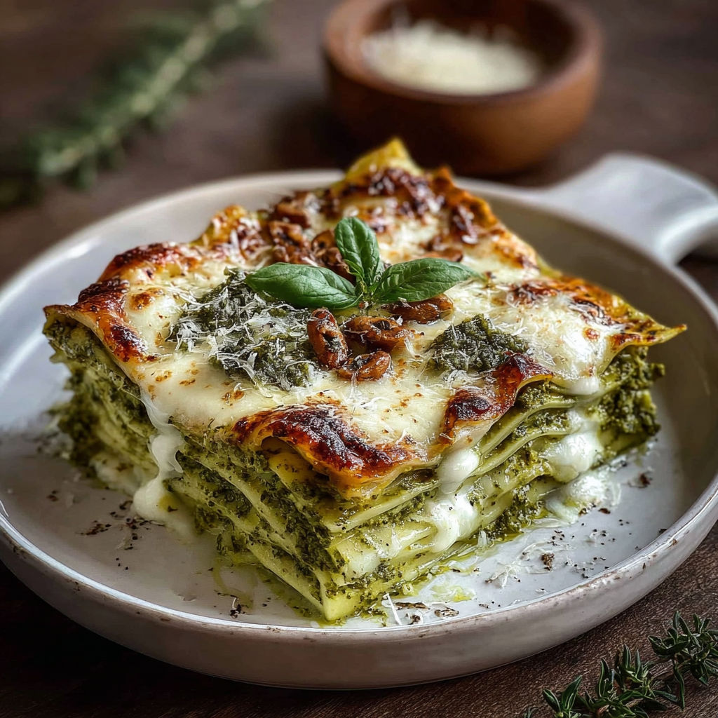 Une delicieuse lasagne pesto verdure cremose, servie dans un bol, est accompagnee d'une poignée de herbes fraichees.