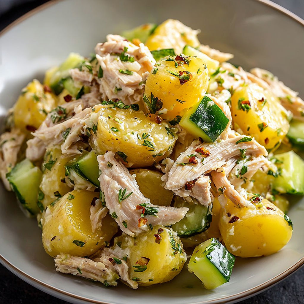 Une salade gustosa de poulet et de patates, avec des herbes et des légumes verts.