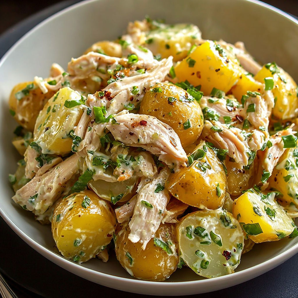 Une salade de poulet et de pommes de terre est servie dans un bol.