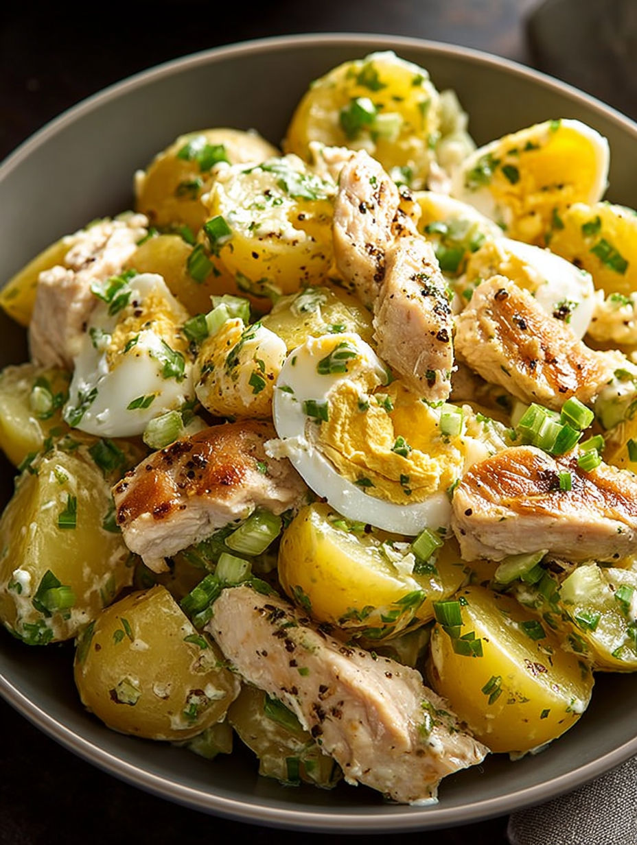 Une salade de poulet et légumes, avec des oeufs et des aubergines, est servie dans un bol.