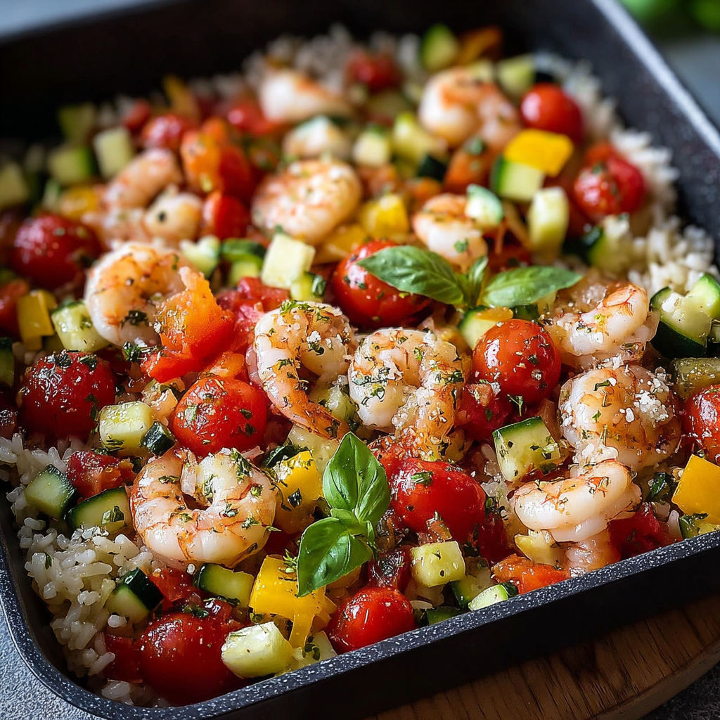 Une recette de salade de crevettes et de légumes colorés, avec des tomates, des zucchini, des cucumbers, des poivrons et des herbes.