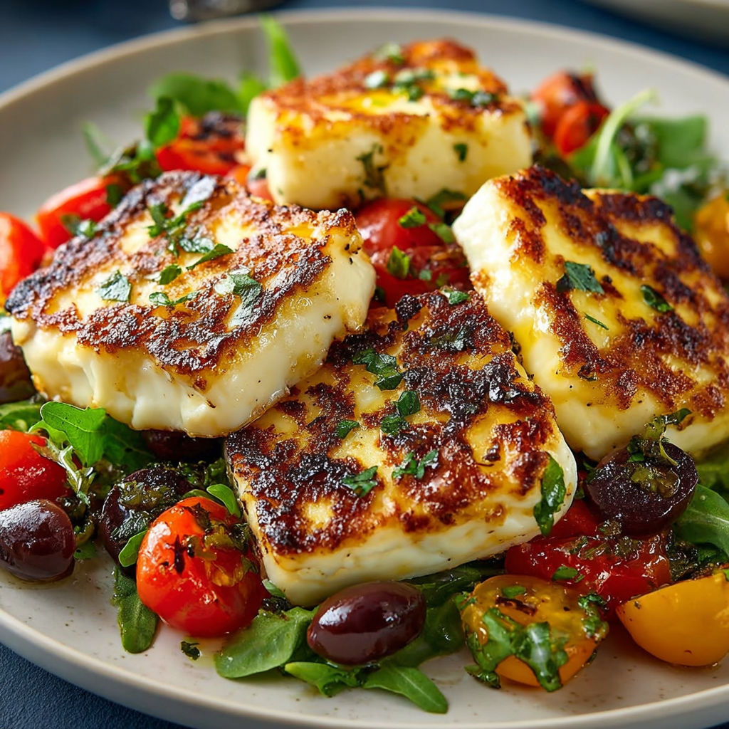 Une salade de tomates, olives et fromage de chèvre, accompagnée de légumes verts.