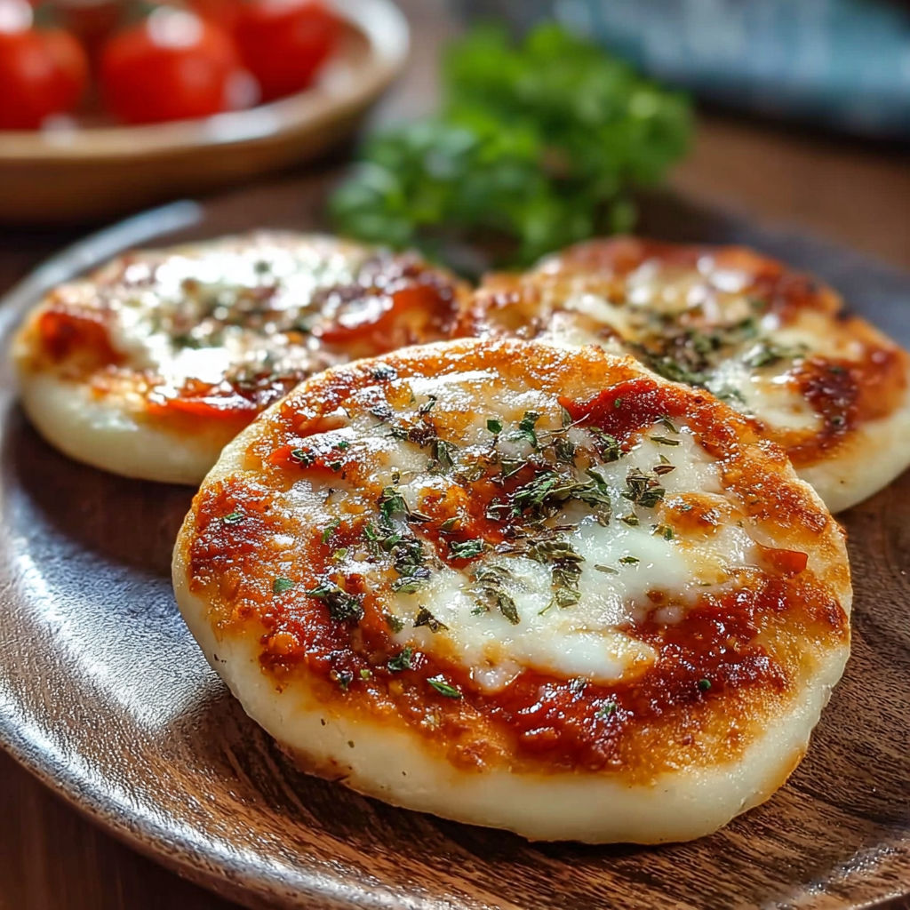 Pizzette in padella saporite, deux pizzettes de formaggio et tomate sur une plaque de bois.