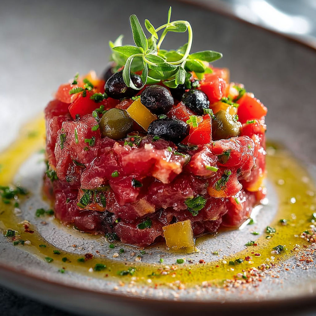 Une tartare de boeuf facile et fraîche, accompagnée de légumes verts et de tomates, est servie sur un plateau.