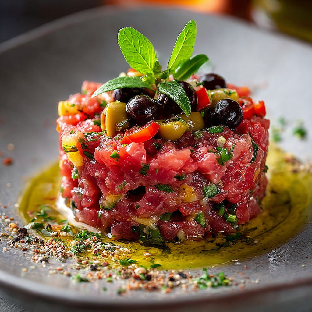 Une salade de viande avec des herbes et des olives.
