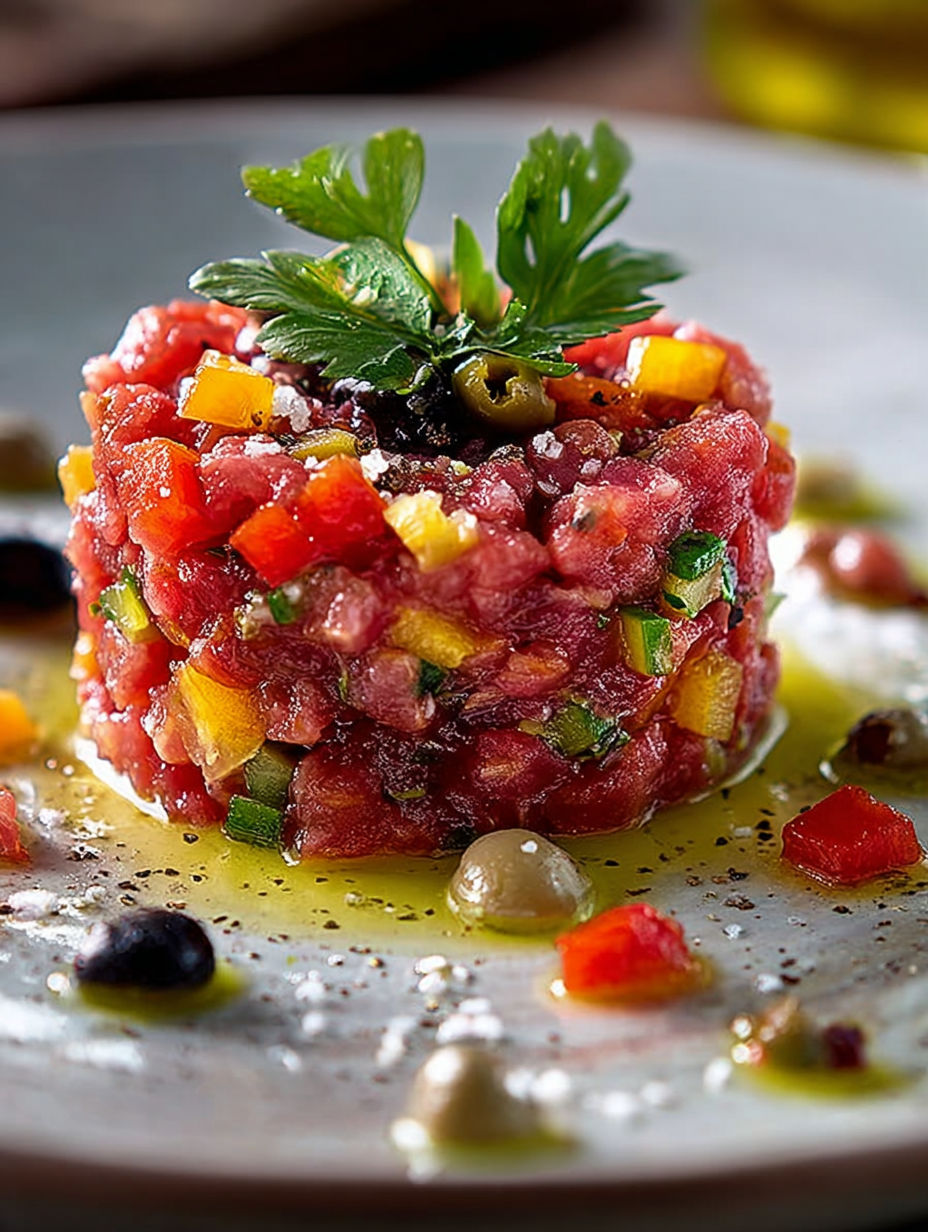 Une salade de viande rouge avec des herbes et des olives.