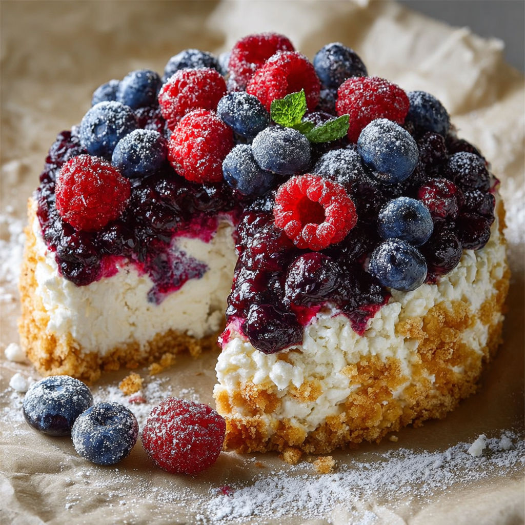 Une sbriciolata glutenfree ricotta bosco, garniee de fruits rouges et bleues, est servie sur un papier beige.