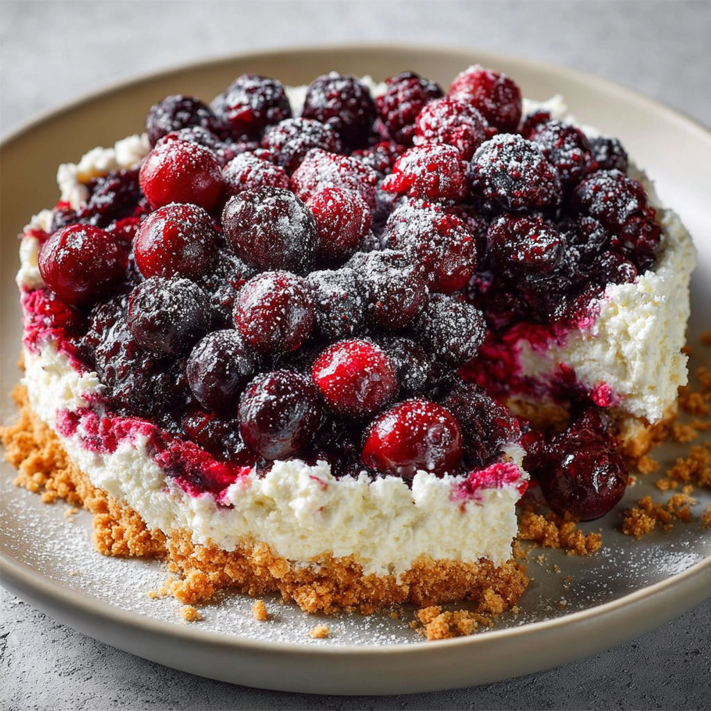 Une tarte aux fruits rouges et cerises, garnie de crumble de pommes, est servie sur un plateau.