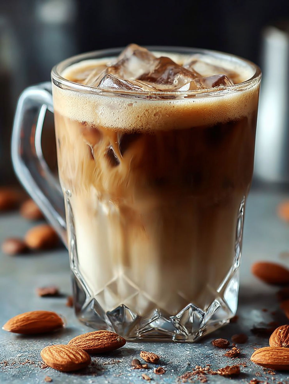 Une tasse de café frais avec des gouttes de sucre et des noix de cacao.