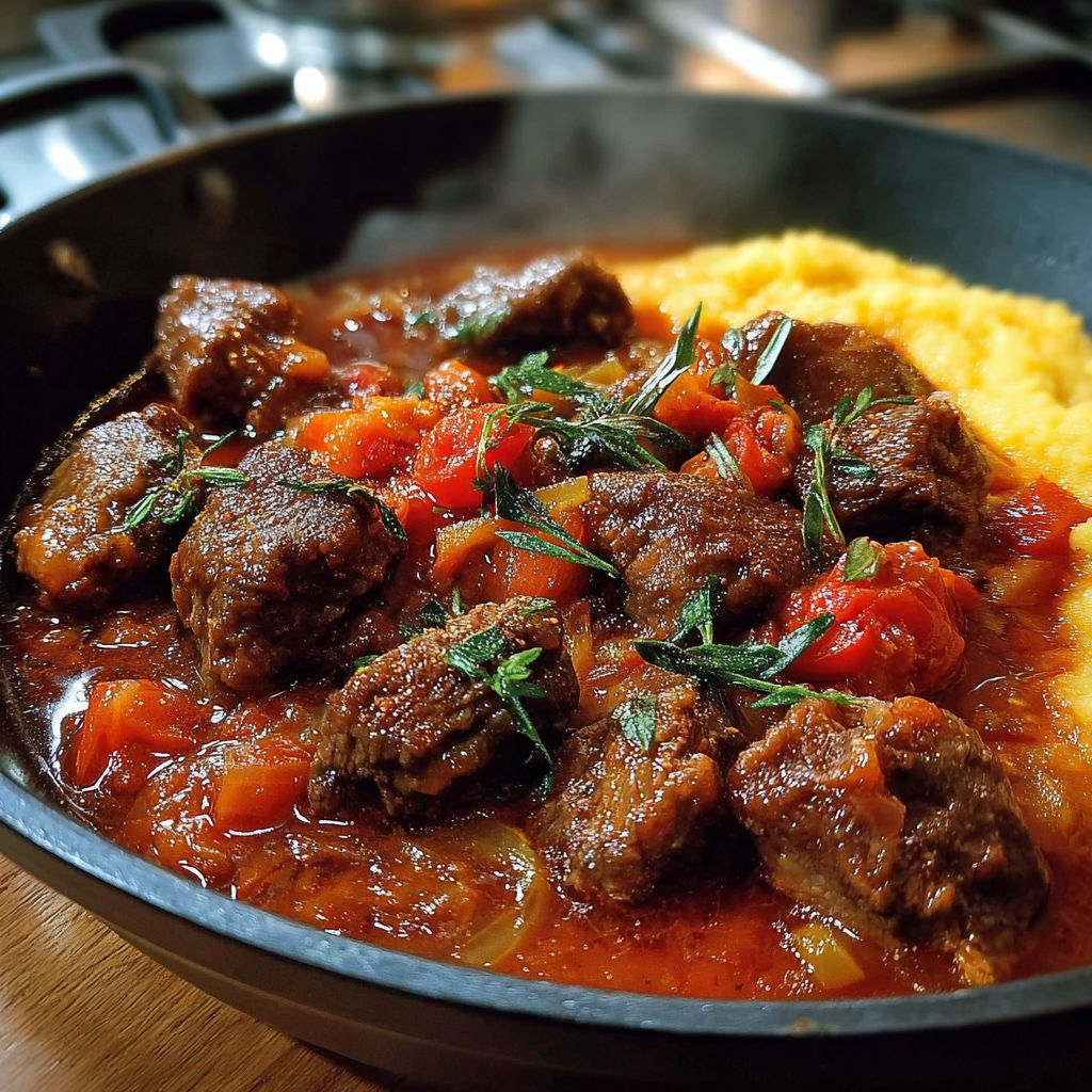 Un plat de pastissada spezzatino cavallo veneto est servi sur une table.