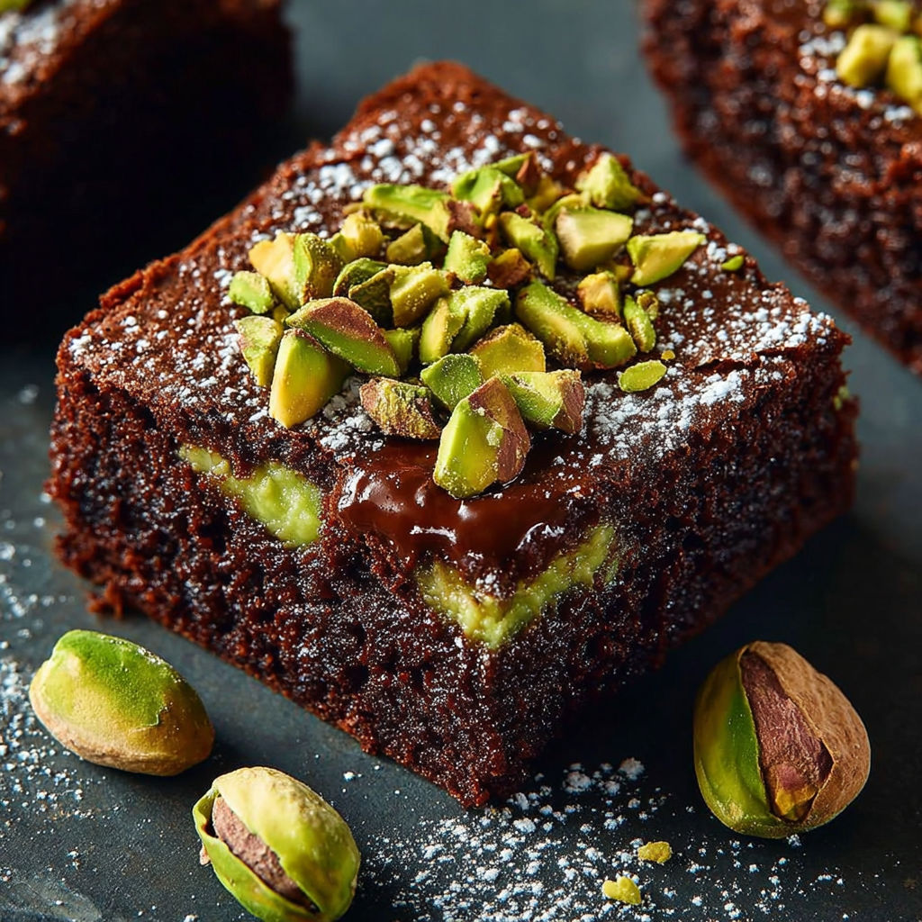Une barre de brownie cioccolato pistacchi avocado est servie sur une table.