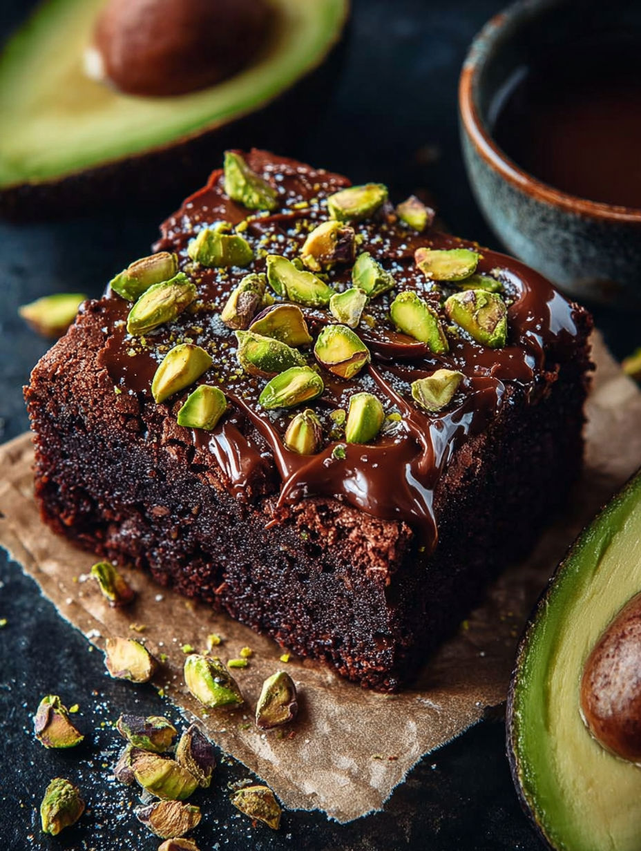 Une tarte au chocolat garnie de noix de cajou et d'avocat.