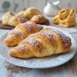 Un piatto con croissant e ciabatta.