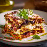 Un piatto di lasagna con verdura e erbe.