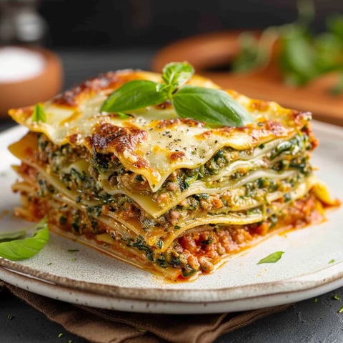 Un piatto di lasagna con foglie verdi.