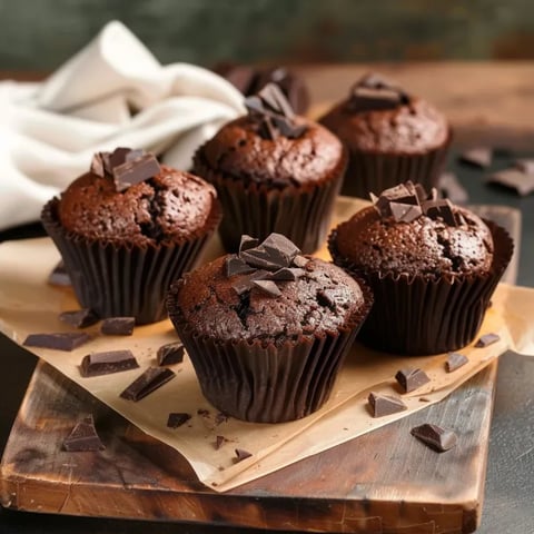 Un tavolo con 6 cupcake di cioccolato.