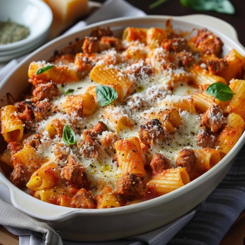 Penne con formaggio e prosciutto.