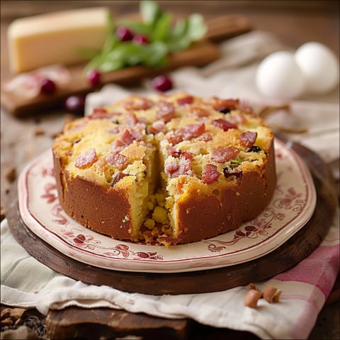 Un cake con bacon e verdure.