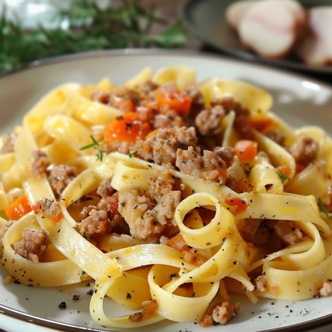 Penne con carne e verdure.