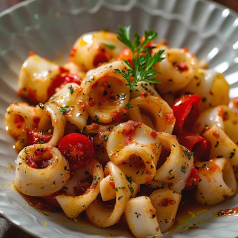 Piatti di pasta con tomate e basilico.