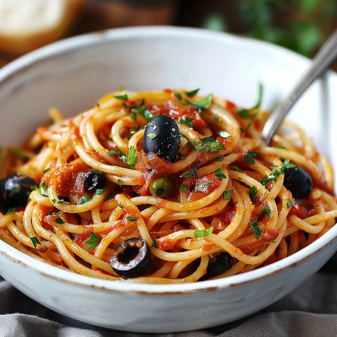 Una ciotola di spaghetti con olive, peperoni e pomodori.